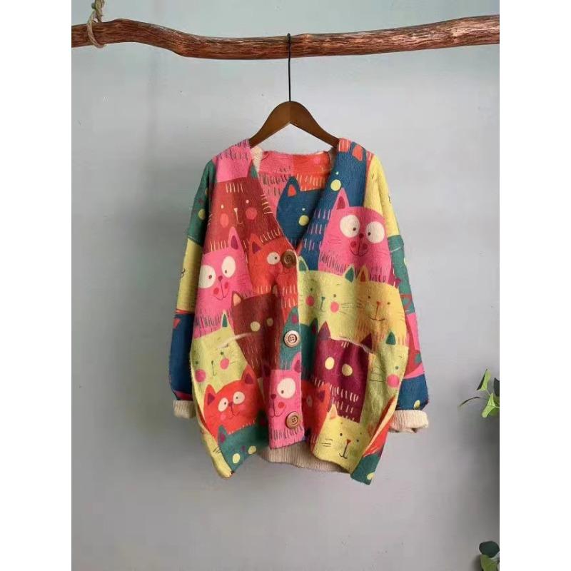 DIMANAF Новинка 2023 года, осенние свитера больших размеров, кардиган большого размера, женские свитера с цветочным принтом и мультяшным принтом, вязаный свободный свитер