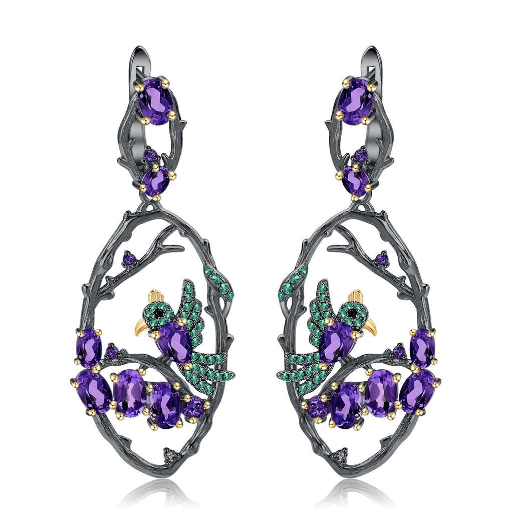 Оригинальные дизайнерские серьги. Серьги «Птицы в кустах» в китайском стиле из серебра 925 пробы с натуральными драгоценными камнями.