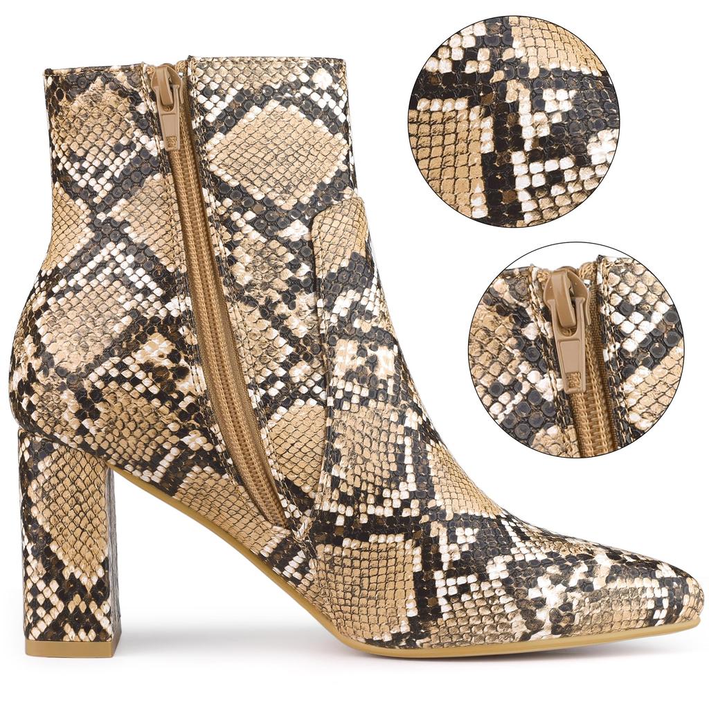 Женские коричневые ботильоны Allegra K с принтом под змею и пайетками, на массивном каблуке и с острым носком, размер 26,0 см