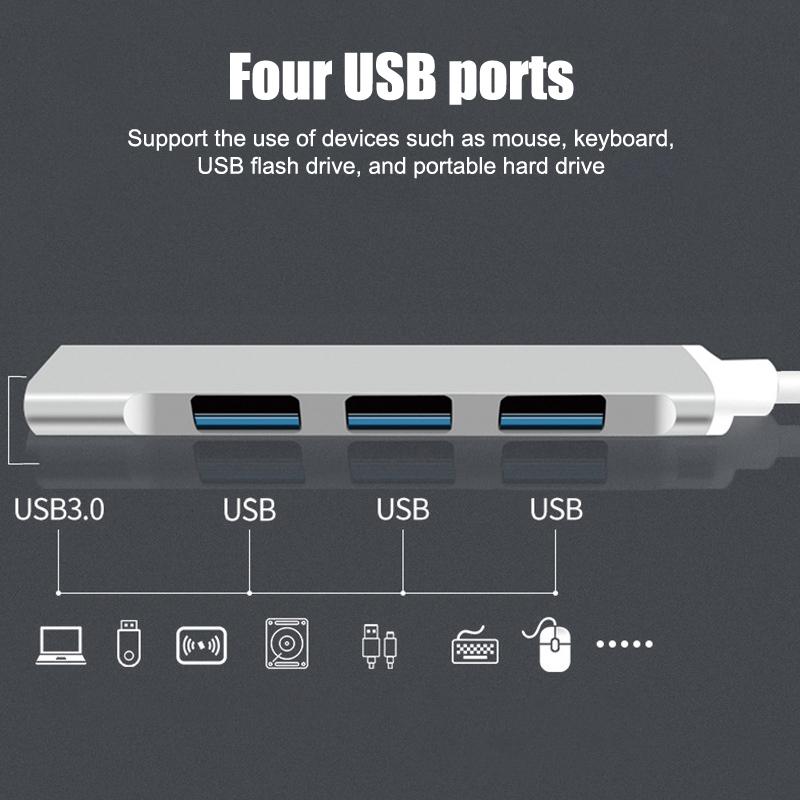 Мини-хаб USB Type-C, 4-портовый адаптер, USB 3.1, мульти-разветвитель 4-в-1, док-станция, ультратонкий, сверхскоростной, алюминиевый, для компьютера, ноутбука, ПК