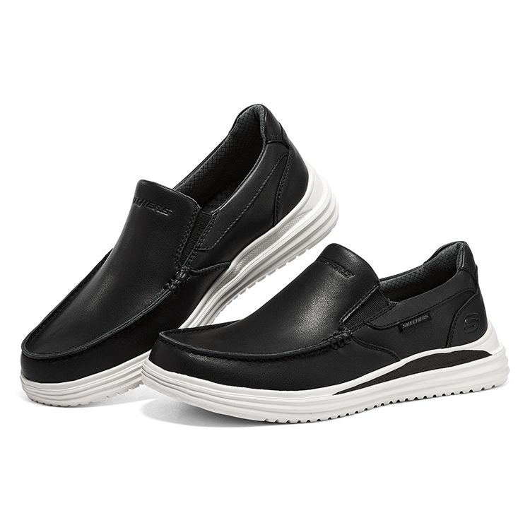 Skechers Широкая посадка Доказанная кожа Синтетический верх Удобные Универсальные Низкие Повседневная обувь Мужские кроссовки Черный 204668-BLK