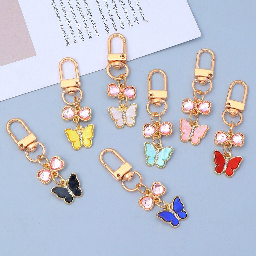 7PCS Pendant Rhinestone Butterfly Keychain Ornaments Key Ring Cute Crystal Bow Key Chain  Bag Decor