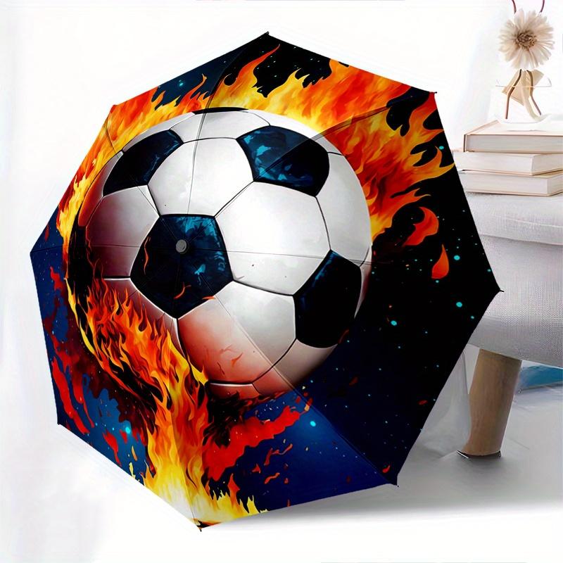 Soccer Ball, Flames Automatic folding umbrella simple eight rib design, bright color pattern, durable iron frame, ideal for travel and outd