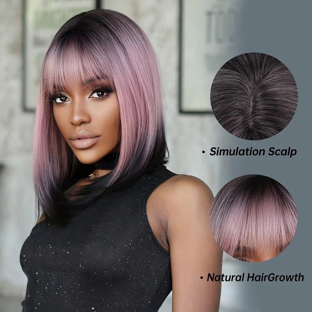 Purple Pink Ombre Black Short Straight Synthetic Wigs with Bangs Bob Wig for Women Daily Cosplay Party Heat Resistant Fake Hairs
