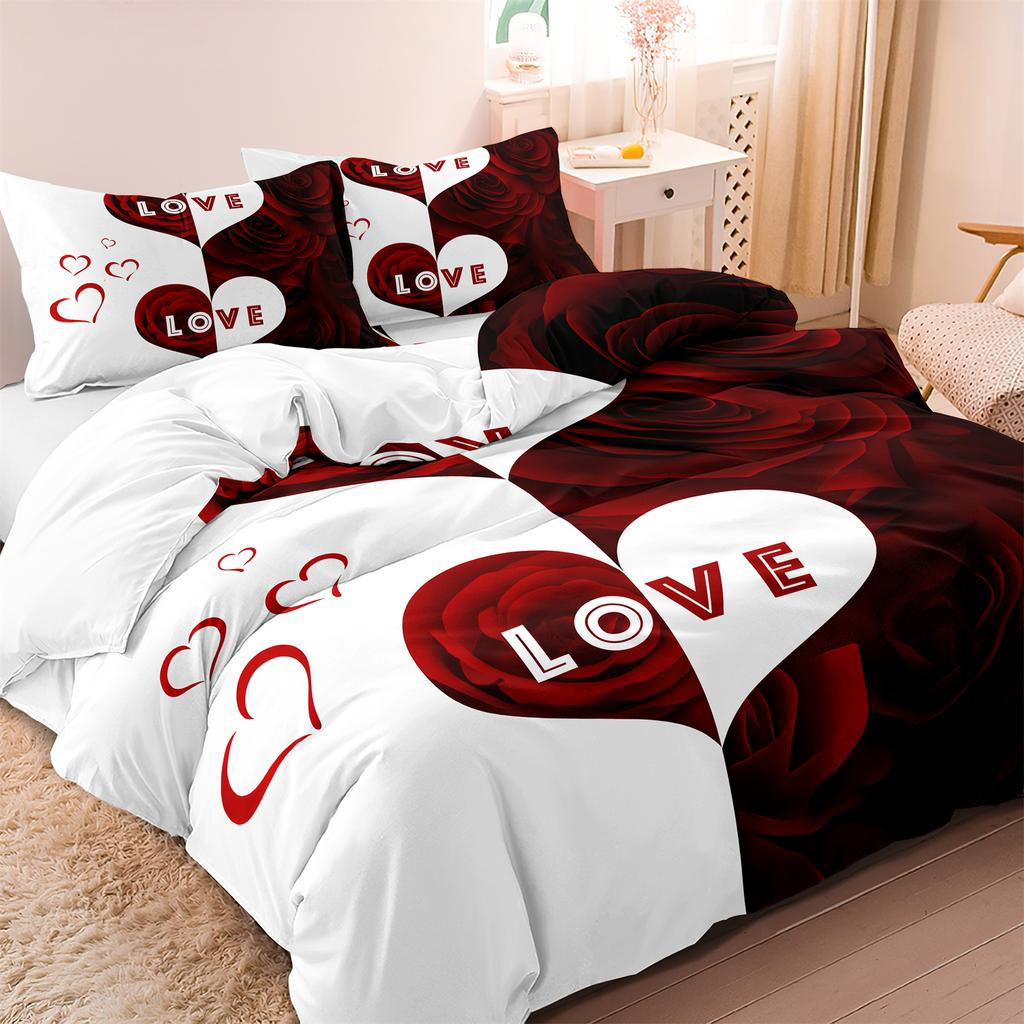 3Pcs Set Red Black Me And You Rose Letters Heart Pattern Printed Quilt Duvet Cover Bedding Set For All Season Bedroom Hotels