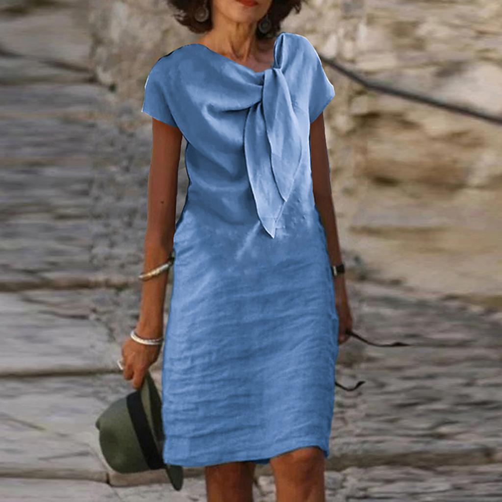 Fashion High Street Straight Loose Mid Dress Vintage O Neck Bow Tie Party Dresses Casual Office Lady Short Sleeved A-line Dress