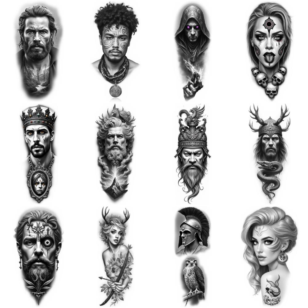 12 шт. Временные Татуировки Черно-Серый Реализм Клеопатра Женщина Индийский Вождь Для Женщин Мужчин Бедра