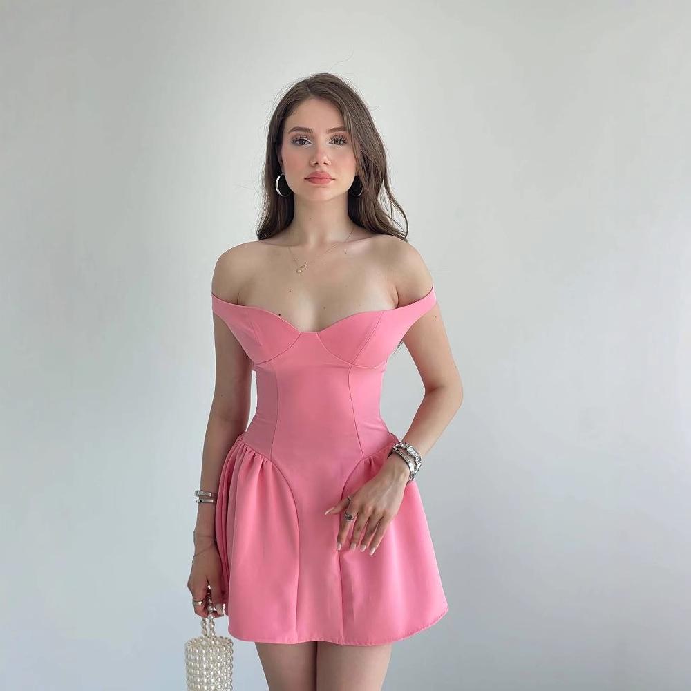 2025 Лето Европейское и Американское Женское Платье на Одно Плечо Сексуальное Подчеркивающее Талию Однотонное