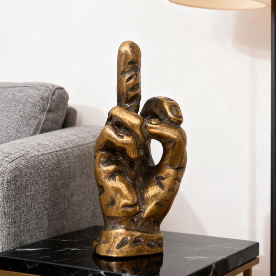 Middle Finger Figurine Brass Gold Freestanding Hand Sculpture Copper Middle Finger Pocket Lucky Charm for Home Shelf Desk Decor