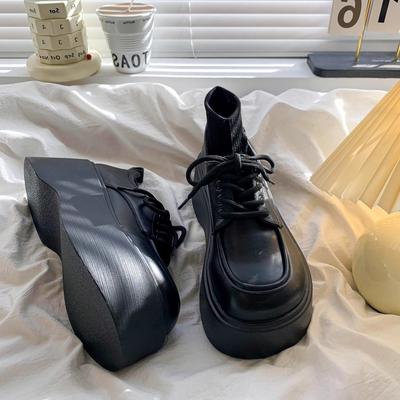 Маленькие кожаные туфли женские летние новые универсальные ретро платформа маффин черные с круглым носком одинарные туфли