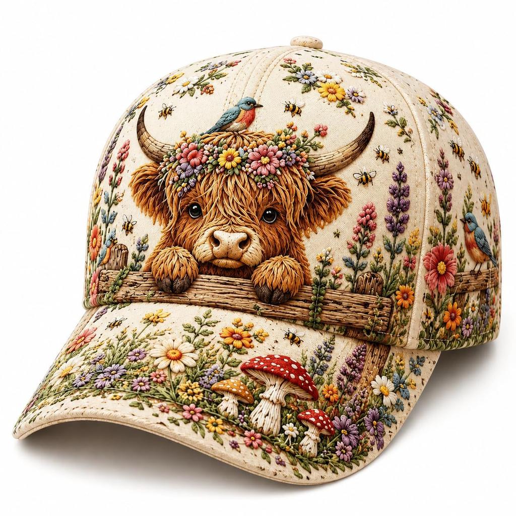 Floral Highland Cow Baseball Cap for Women, Adjustable Cow L