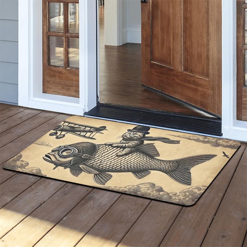 Retro Flying Fish and Cat Patterned Doormat - Non-Slip, Machine Washable, Abstract Art Style Rug, Suitable for Entryways, Bathro