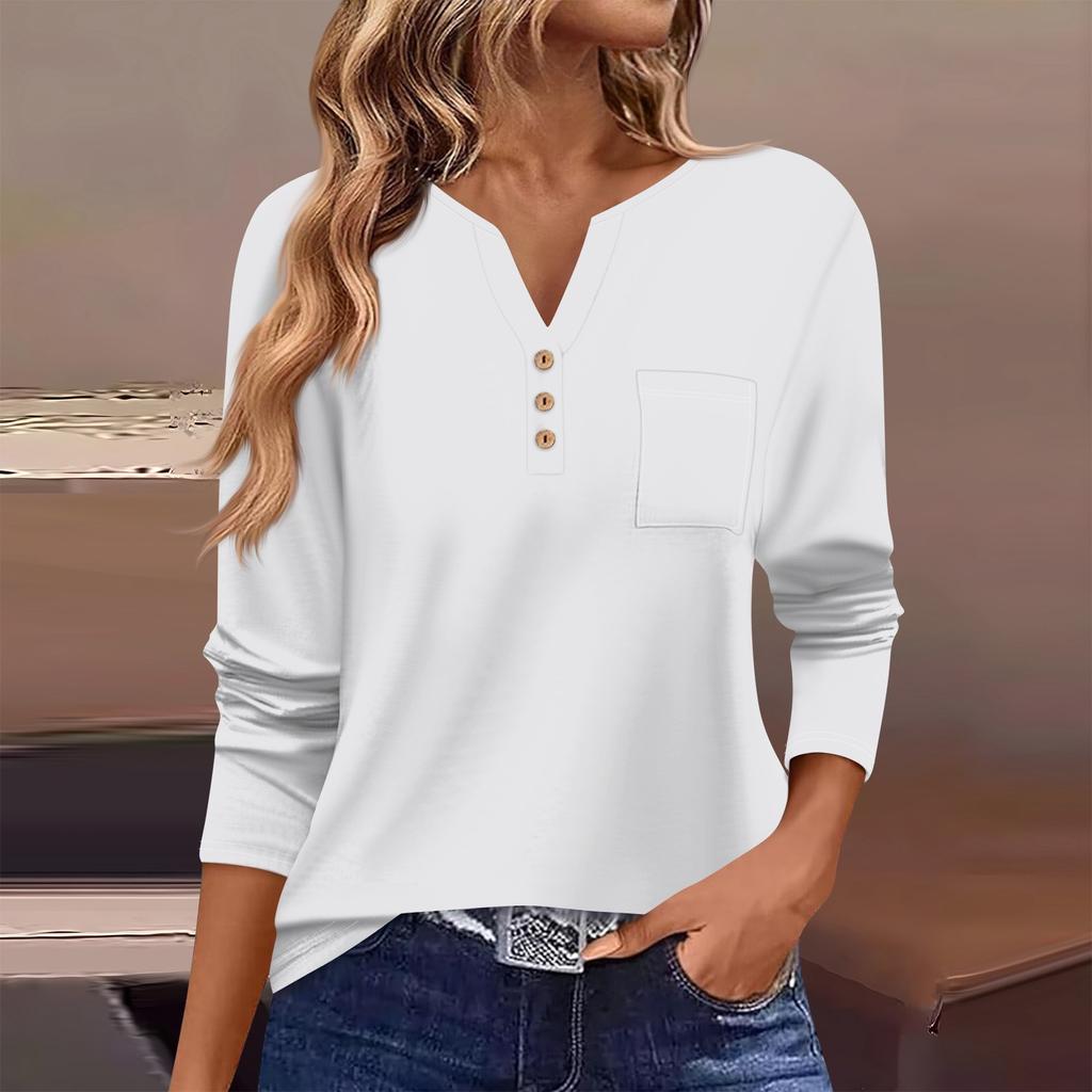 Women's T Shirt Tee Button Long Sleeve Daily Weekend Fashion Basic V- Neck Regular Top With Pocket