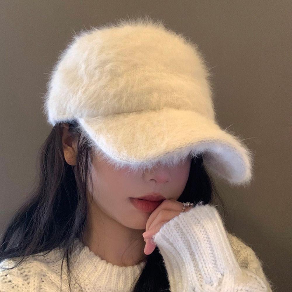Solid Color Women's Baseball Cap Rabbit Fur Winter Warm Hat Comfort Plush Dubill Cap Daily