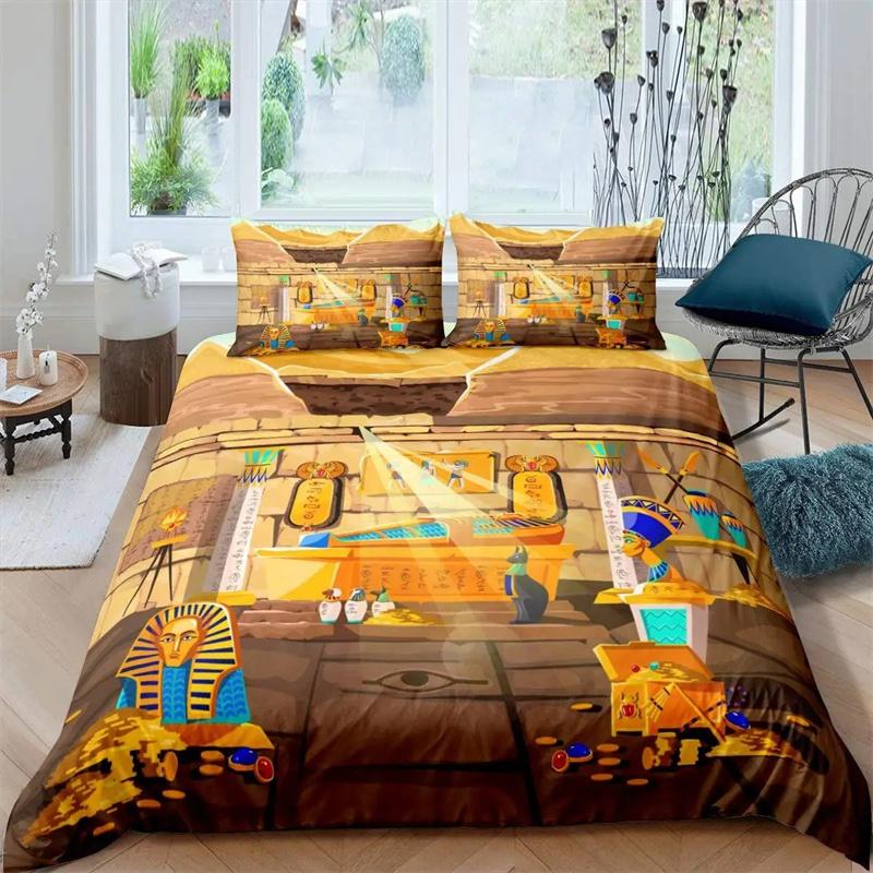 Ancient Egypt King Queen Duvet Cover Egyptian Symbol Bedding Collection Pharaoh Pyramid Boho Comforter Cover Soft Polyester Quilt Cover