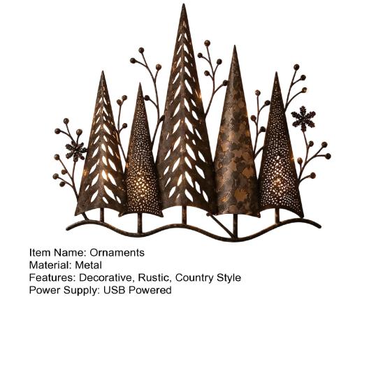 Vintage Metal Wall Ornaments Lighted Woodland Decor, Rustic Pine Forest Tree Cozy Lodge Interior Decor Sculpture with LED Lights for Farmhouse