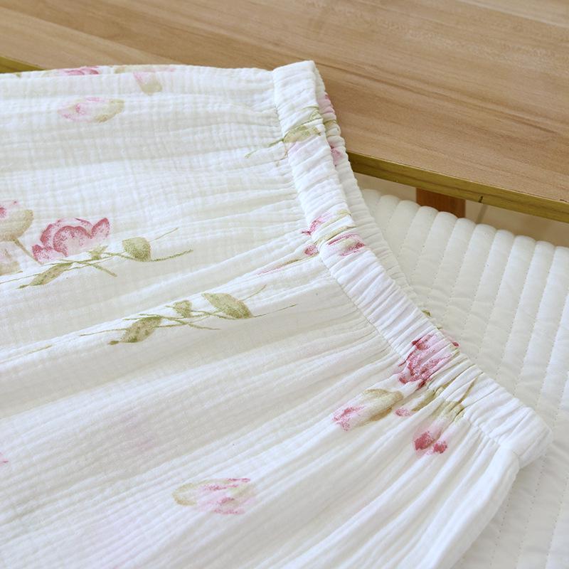 Женский пасторальный пижамный комплект - Длинный рукав, Двухслойный креп, Чистая хлопковая марля для весны, лета, осени.