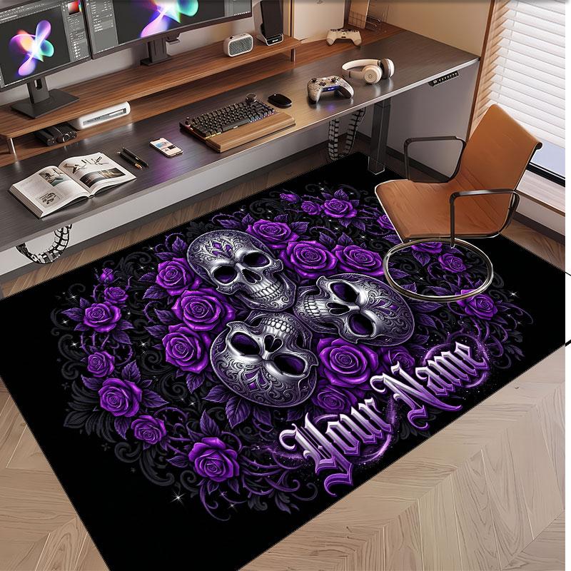 Skull Gothic Theme Soft Crystal Velvet Rug Custom Name & Text Print Non Slip Floor Rug for Bedroom Living Room
