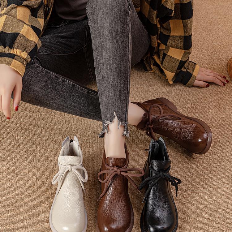New First-layer Cowhide Martin Boots Women's Shoes Short Boots Warm Soft-soled Mother Shoes Velvet Lace-up Deep Mouth Fashion Casual