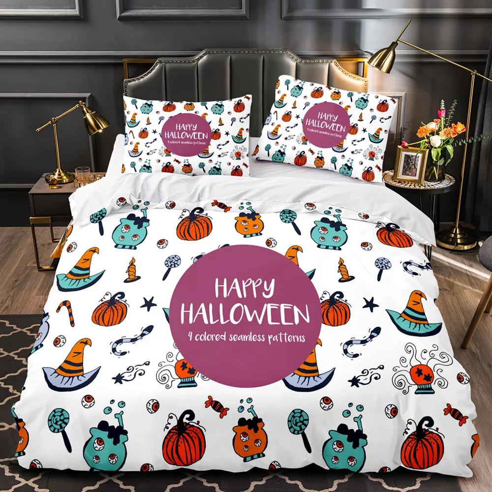 Пододеяльник на Хэллоуин King Queen Kawaii Cartoon Skull, комплект постельного белья для мальчиков, оранжевый, тыквенный, скелет, 2/3 шт., полиэстер, пододеяльник