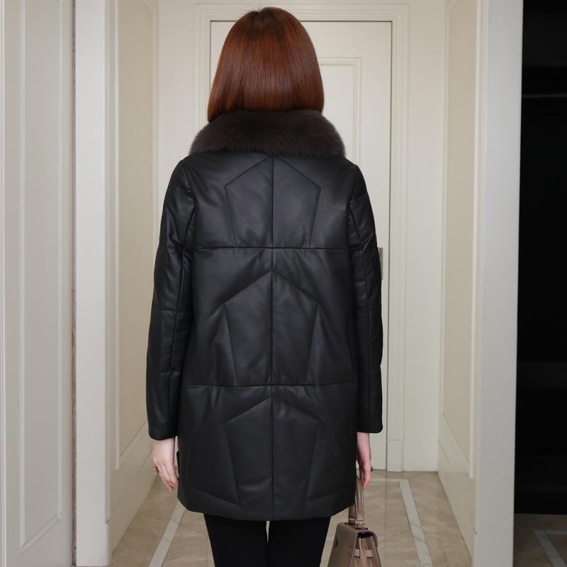 Пуховик из натуральной кожи, женская кожаная куртка средней длины с гусиным пухом, первый слой, воротник из овчины и меха лисы