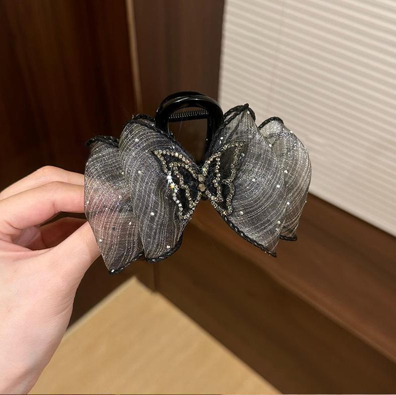 Large Summer Lace Edge Bow Claw Clip Hair Accessory for Women - Multi-Layer Feather Design