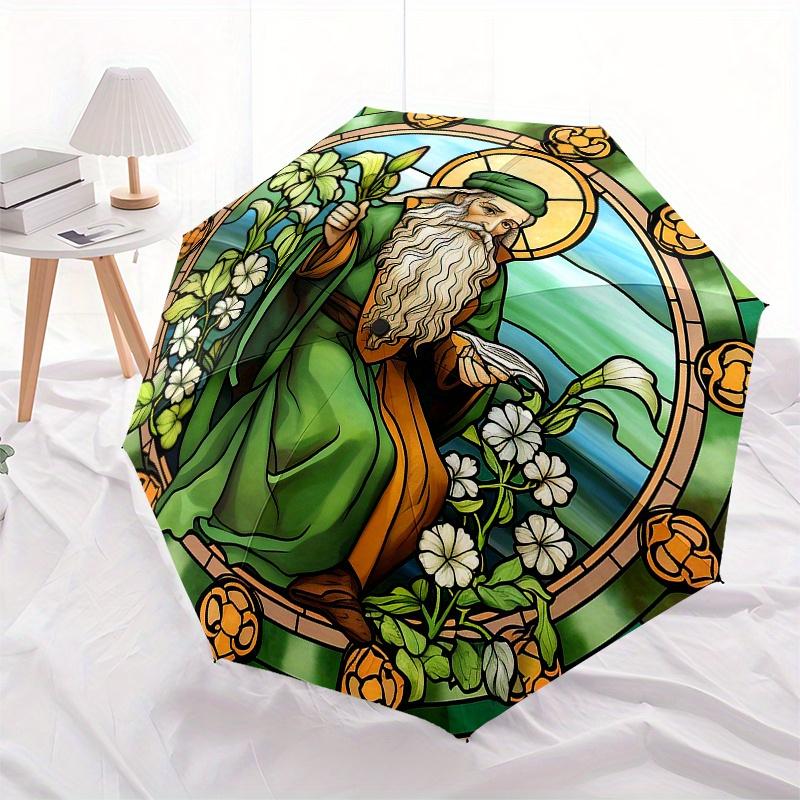 Stained Window Art: Medieval Sage with FlowersUmbrella, Portable 3-Fold Compact Umbrella for Men & Women Gift