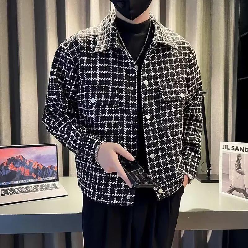 Мужская клетчатая рубашка с длинными рукавами, весна/осень 2024 г., гонконгский стиль, в корейском стиле