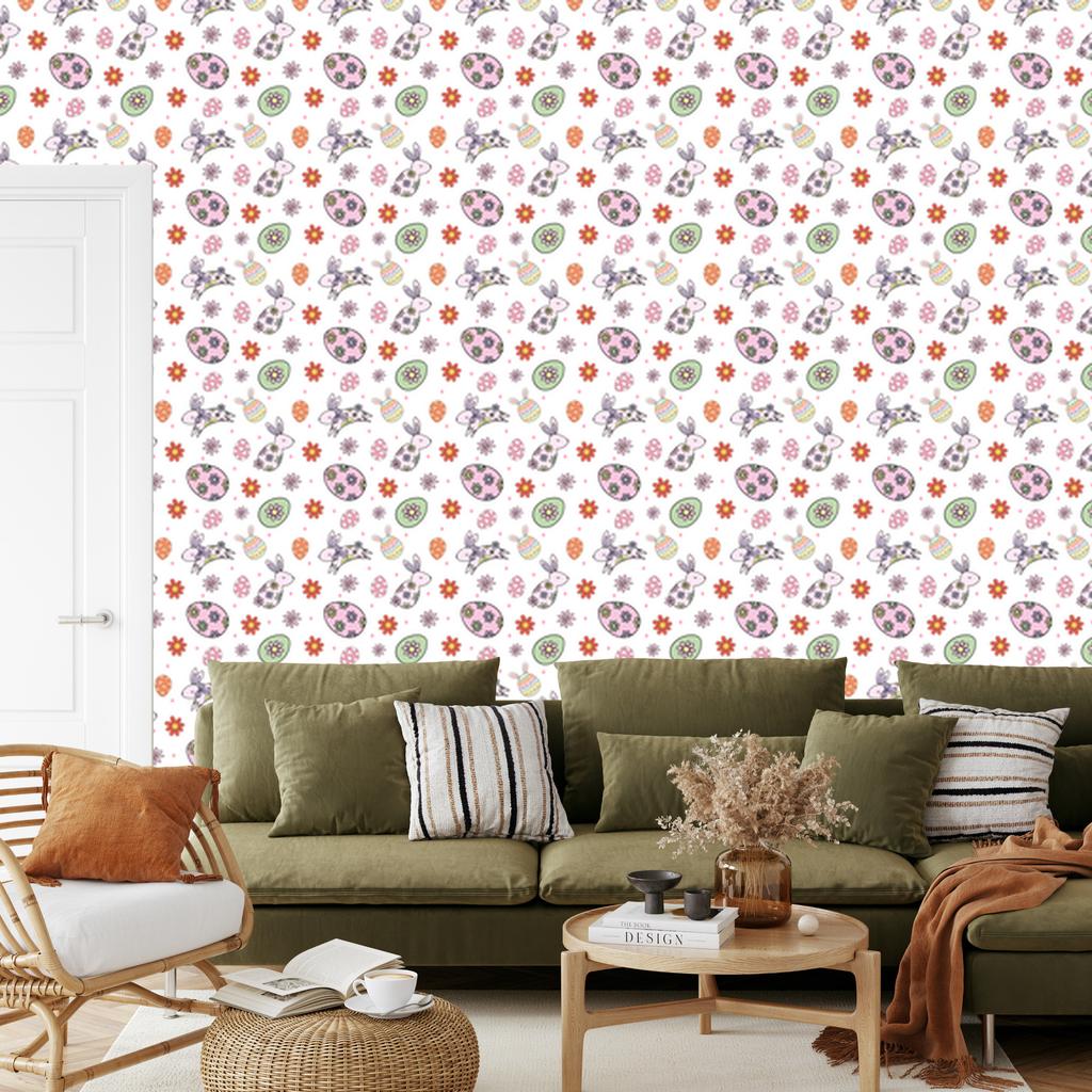 Easter wallpaper white, light gray and coral for living room and bedroom 50x1000
