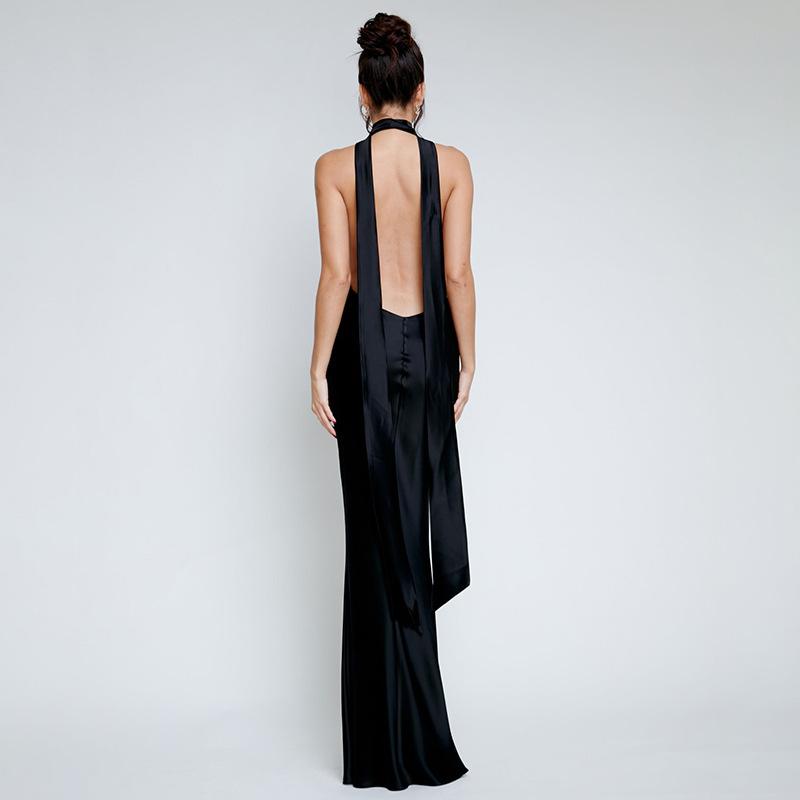 Темперамент Сплошной цвет Глубокий V-образный вырез Длинные платья с завязками на шее и открытой спиной