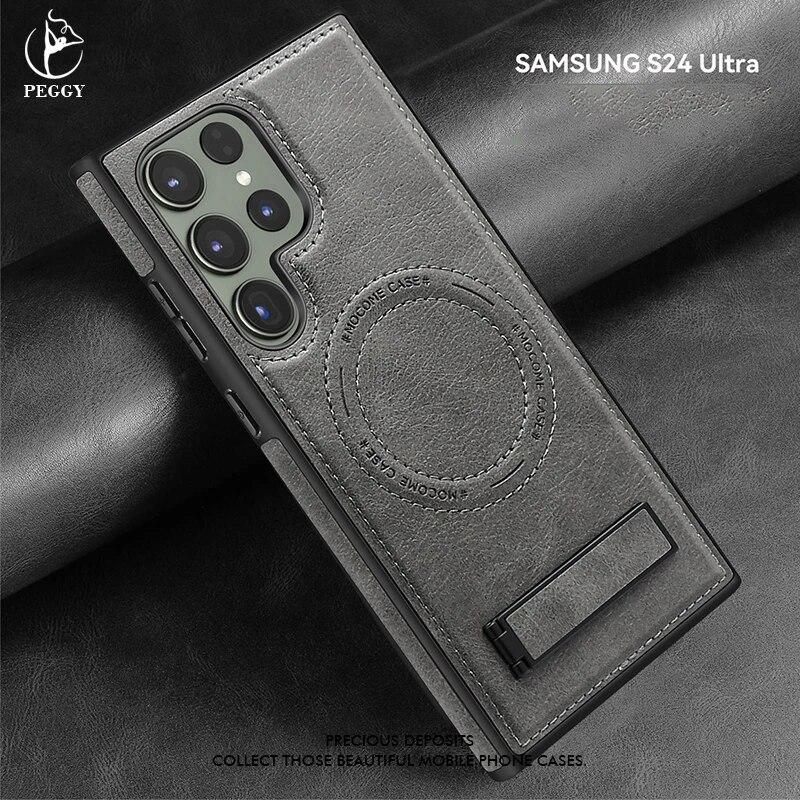 For Samsung Galaxy S24 Ultra S23 S22 Ultra Plus Leather Stand Magnetic Wireless Charging Phone Case Fall Prevention Phone Covers