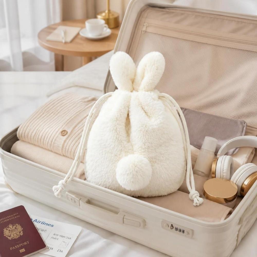 Fluffy Style Bunny Plush Pouch Large Capacity Rabbit Ear Bag Cosmetic Storage