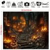 1 piece of 2D flat party banner with a gothic castle background - large skull and flame-themed gothic castle.PMJ