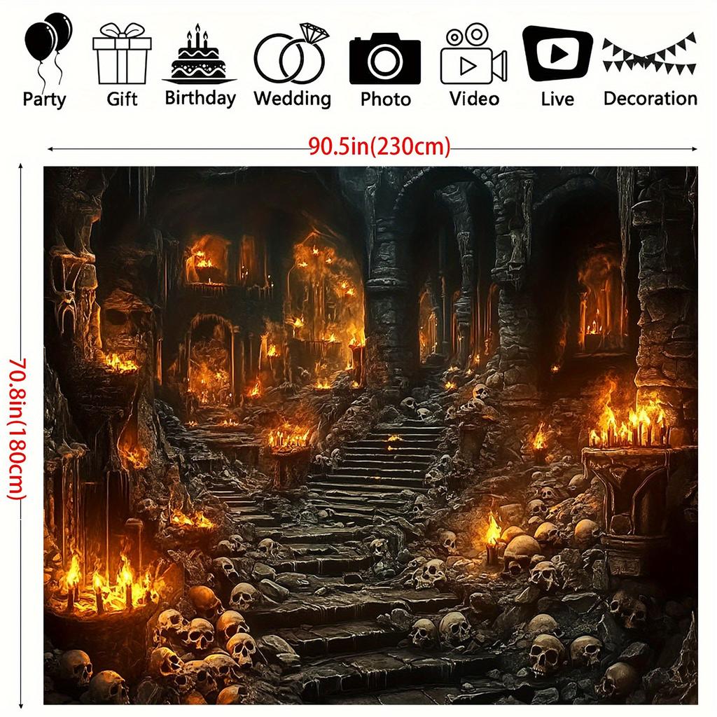 1 piece of 2D flat party banner with a gothic castle background - large skull and flame-themed gothic castle.PMJ