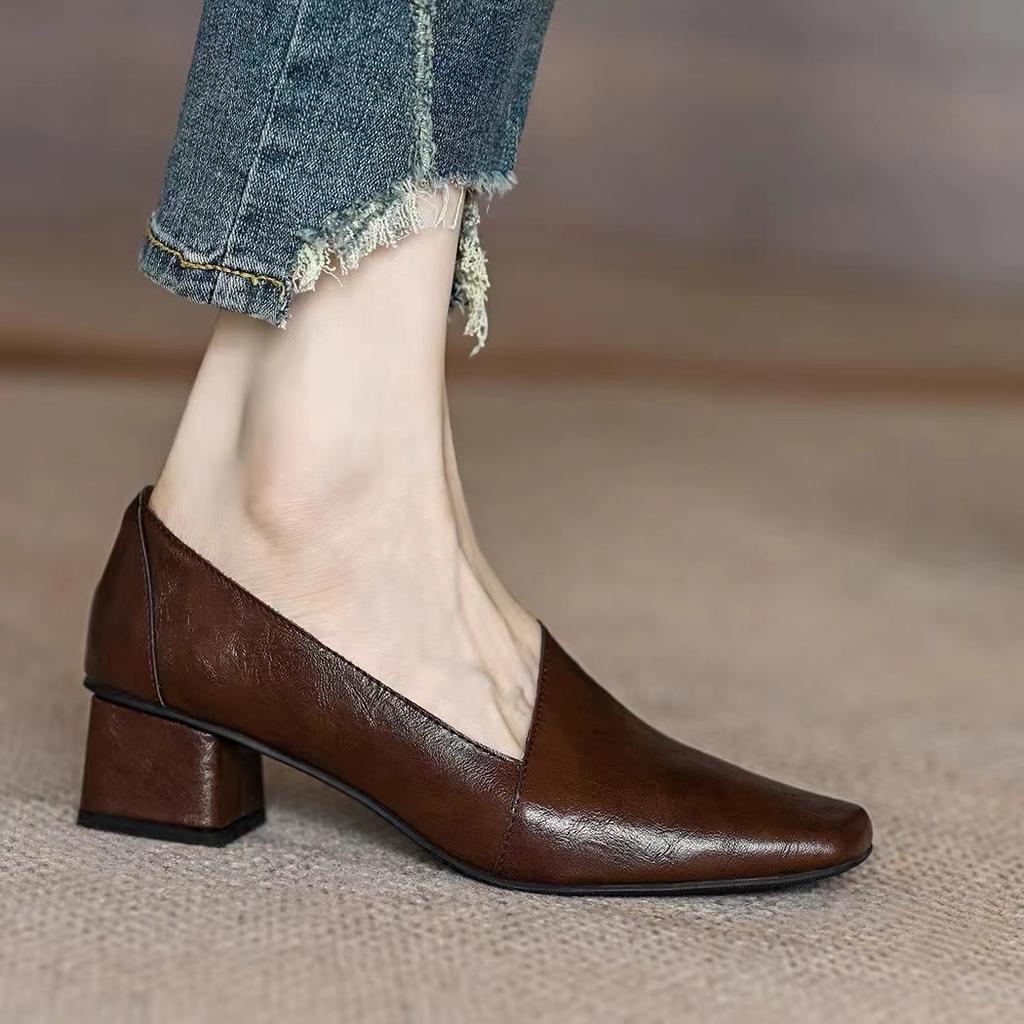 Модные женские туфли на среднем каблуке с квадратным носком, кожаные туфли, модные элегантные офисные туфли для женщин 2024 года, осенние туфли-лодочки, платье Zapatos Mujer