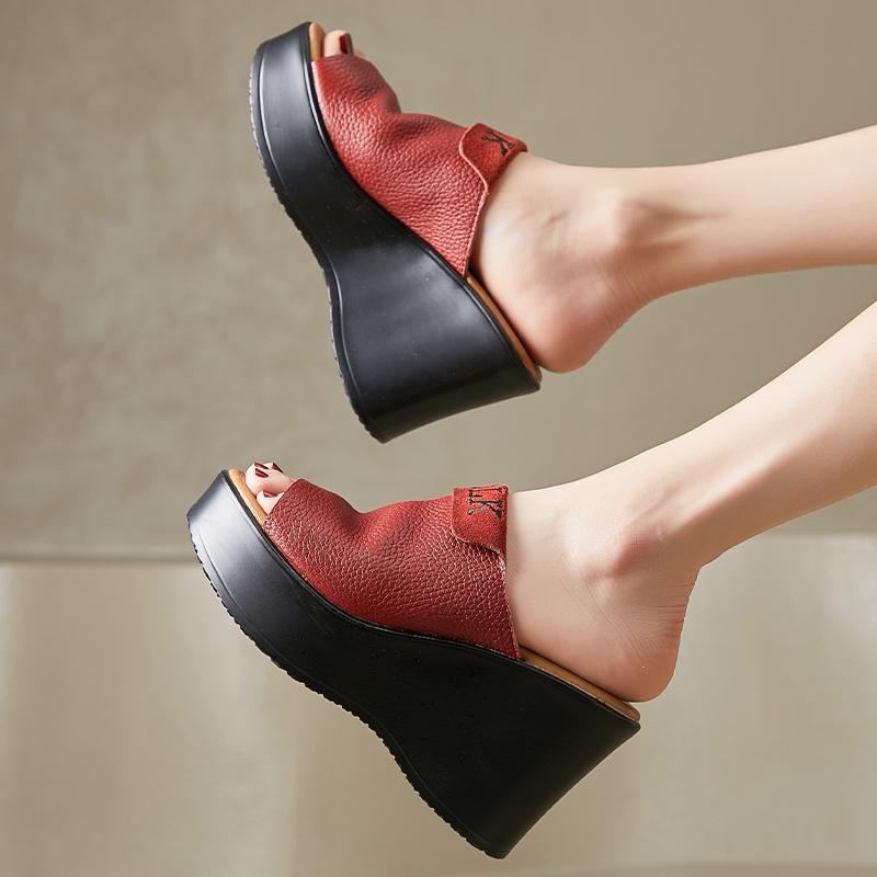 Модные GKTINOO 2025 Ретро Шлепанцы Обувь из Натуральной Кожи Ручной Работы Слайды Женские Шлепанцы С Открытым Носком Платформа Клиновидная Подошва Сабо Для Женщин