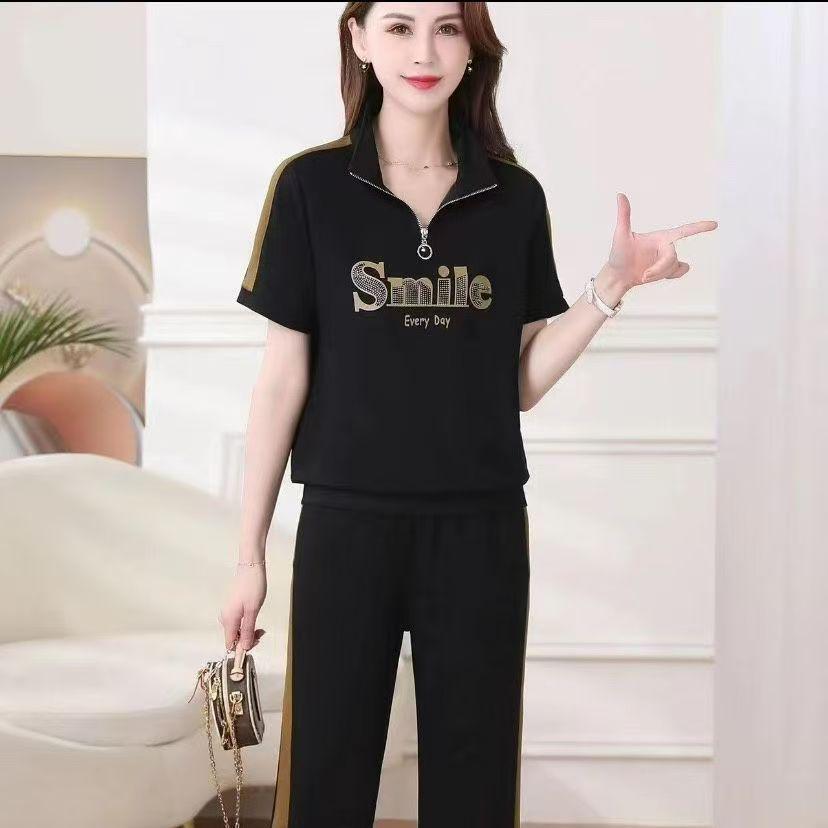 Trendy Summer Sweatshirt & Sportswear Set for Middle-Aged Moms - Loose, Slimming Casual Two-Piece 2025