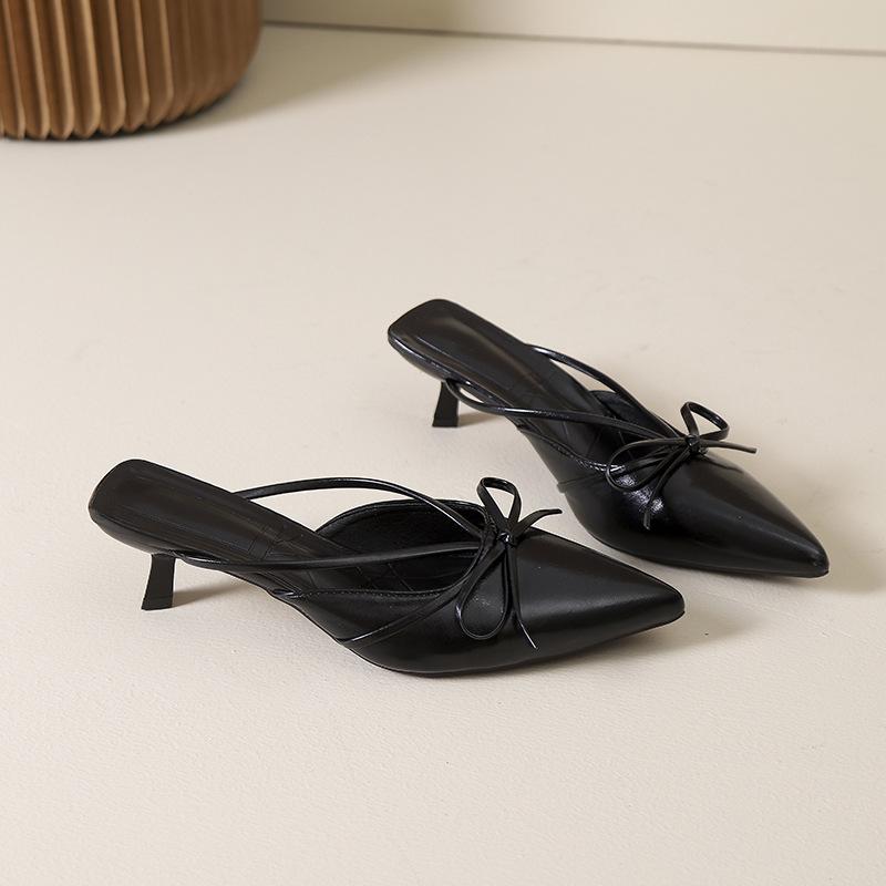 Жесткий каблук сумка-бант голова полутапочки туфельки феи 2025 лето новый французский темперамент большой размер полутапочки женщина