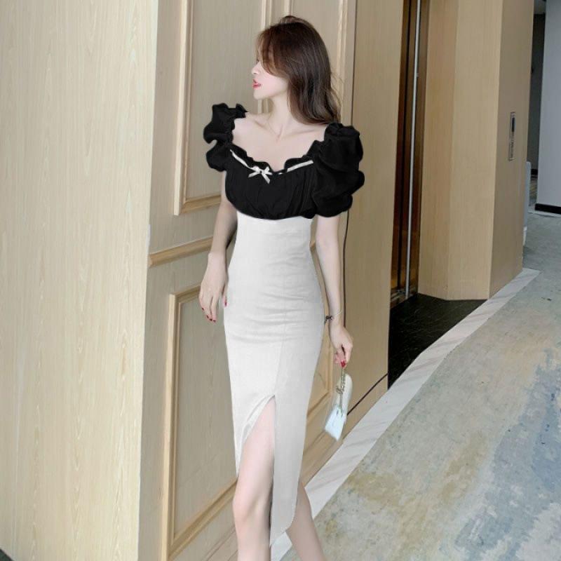 Новое платье-футляр с темпераментом, облегающее, летнее, французское, с контрастной вставкой, юбка-карандаш, юбка с рукавами-фонариками, женская