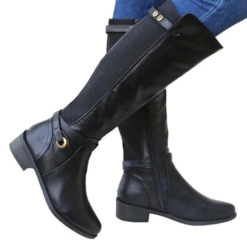 Womens Chunky Heel Leather Boots Long Booties Knee High Boots for Ladies Winter Shoes Slouchy Boots for Women Wide Calf