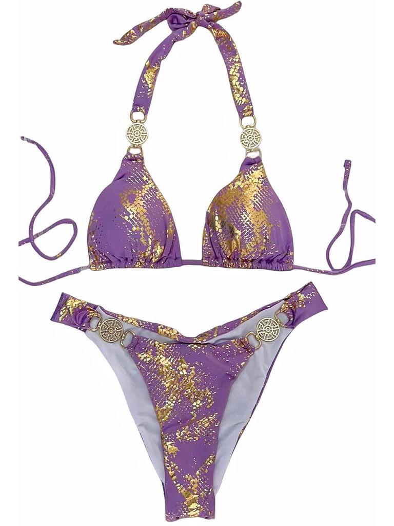"Европейский и американский купальник бикини из змеиной кожи с золотыми кристаллами - Трендовая праздничная купальная одежда для женщин"