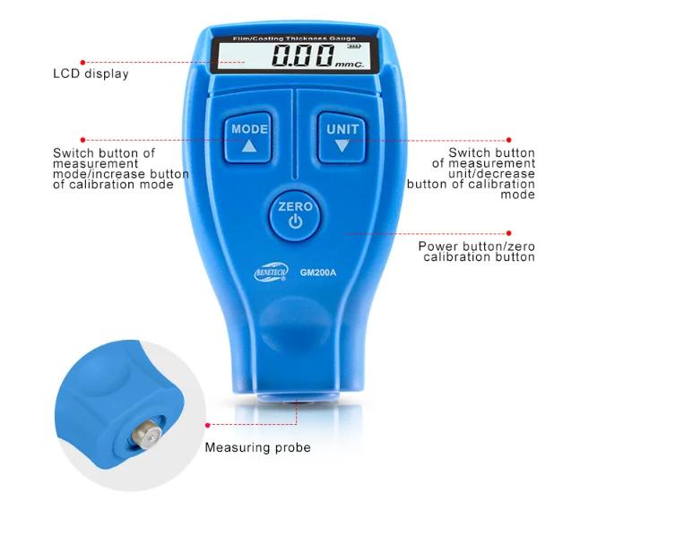 GM200A Digital Auto Film Thickness Gauge ABS LCD Display for Automotive Coating Paint Iron Varnish 0-1.8mm Width Meter 5mm Min.