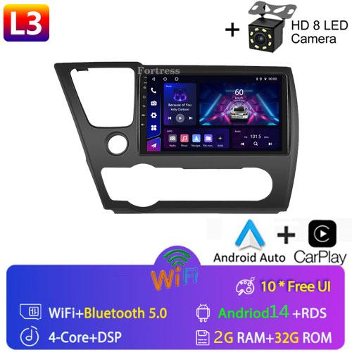 FortressFor Honda Civic9 2013 2014 2015 2016 Android 12 Carplay Car Radio Multimedia Video Player GPS Navigation 2 Din Autoradio