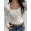 Rockmore Кружевные Вставки Кавайные Футболки Длинный Рукав Весна Осень Женские Приталенные Повседневные С Квадратным Вырезом Базовые Нижние Пуловеры Топы