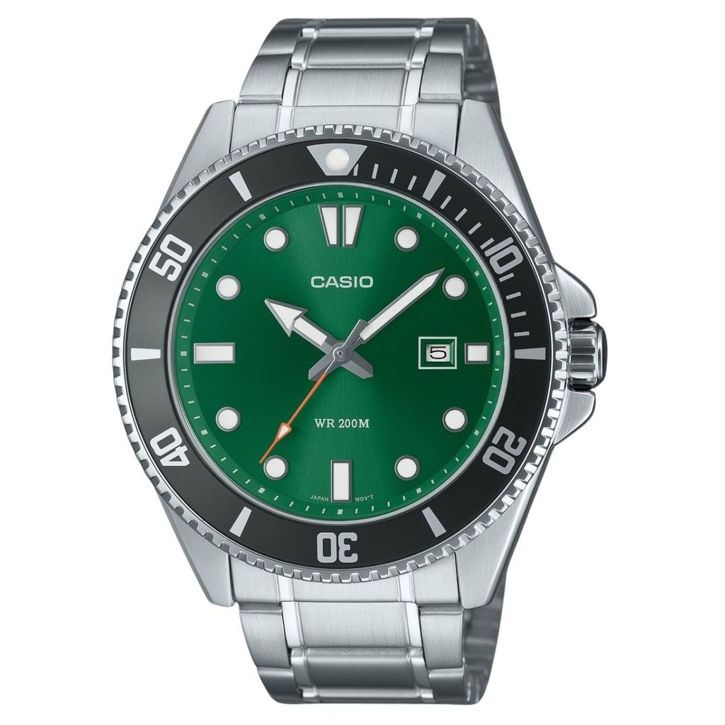 Casio Стандартные аналоговые кварцевые часы MDV-107D-3A2V 200M из нержавеющей стали с зеленым циферблатом для мужчин