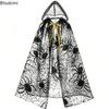 Unisex Sheer Mesh Spider Bat Print Hooded Witch Cloak Double-layered Creative Cape Halloween Masquerade Party Cosplay Costumes