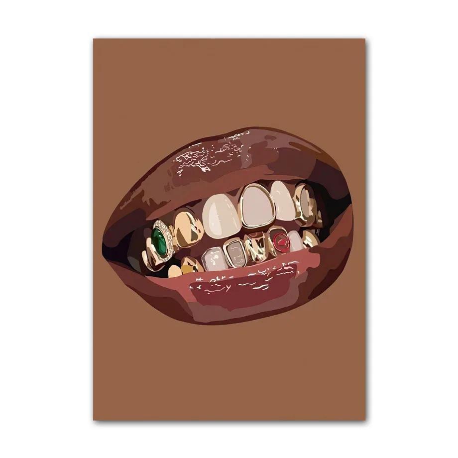 Черное искусство Мода Хип-хоп Девушка Маникюр Ювелирные изделия Губы Постер Африканская Черная Женщина Красивые Ногти Живопись Картинки Гостиная Салон Красоты Декор