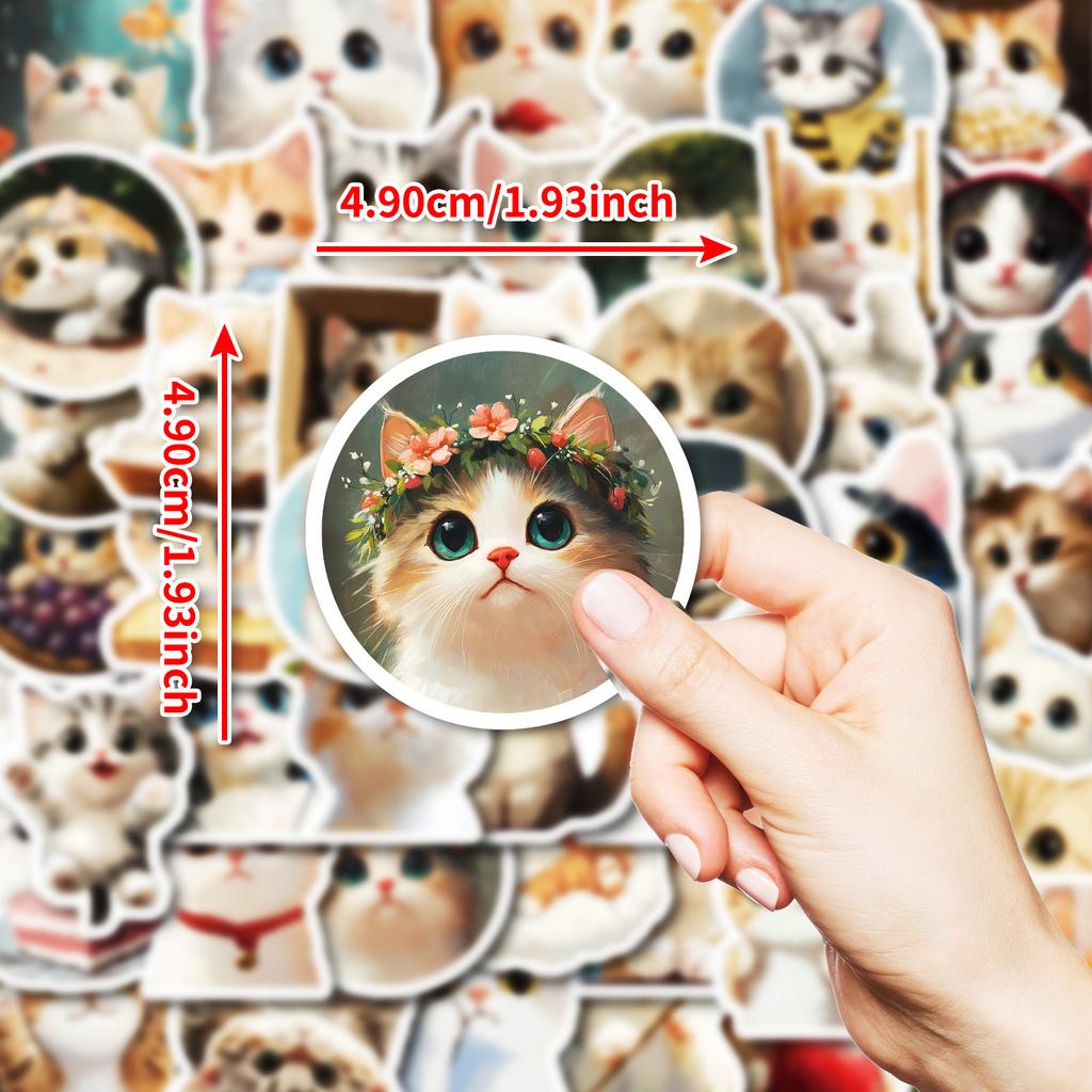 50 Oil Paintings Cat Graffiti Stickers Cute Round Face Kitten Waterproof Decorative Stickers Diy Refrigerator Skateboard Tablet