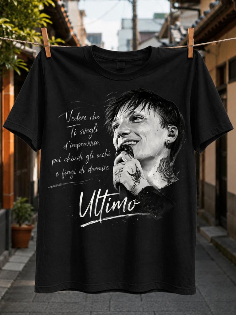 Ultimo Portrait With Singer Face Microphone Handwritten Italian Lyric Signature And Soft Sketch Unisex All TShirt