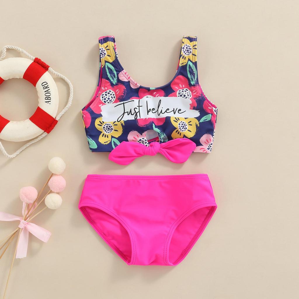 Girl 's Two Pieces Swimwear Suit, Letter Floral Print Front Twist Knot Vest Tops with Underpants